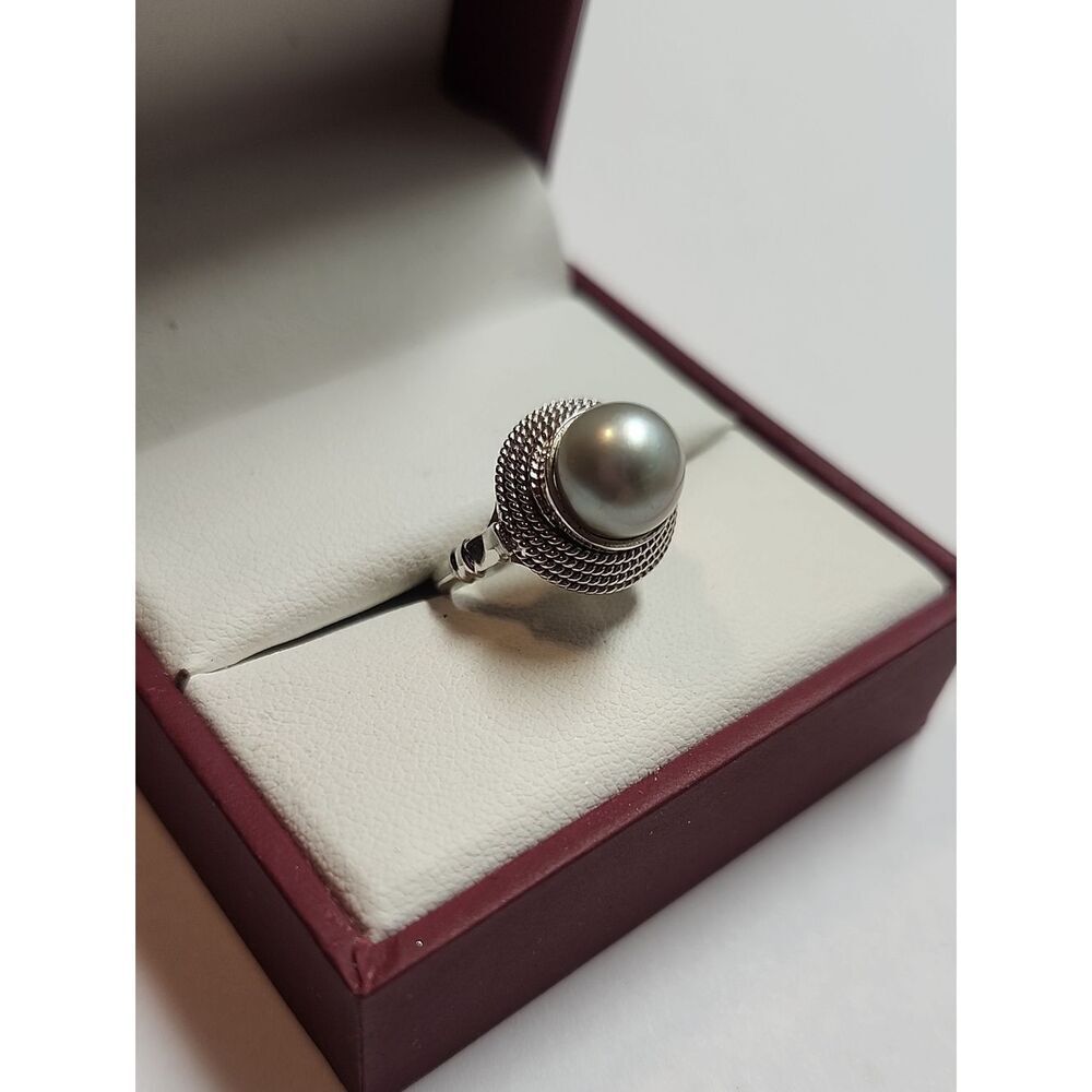 Elegant Silver Plated Grey Pearl Cocktail Ring Size 5.25